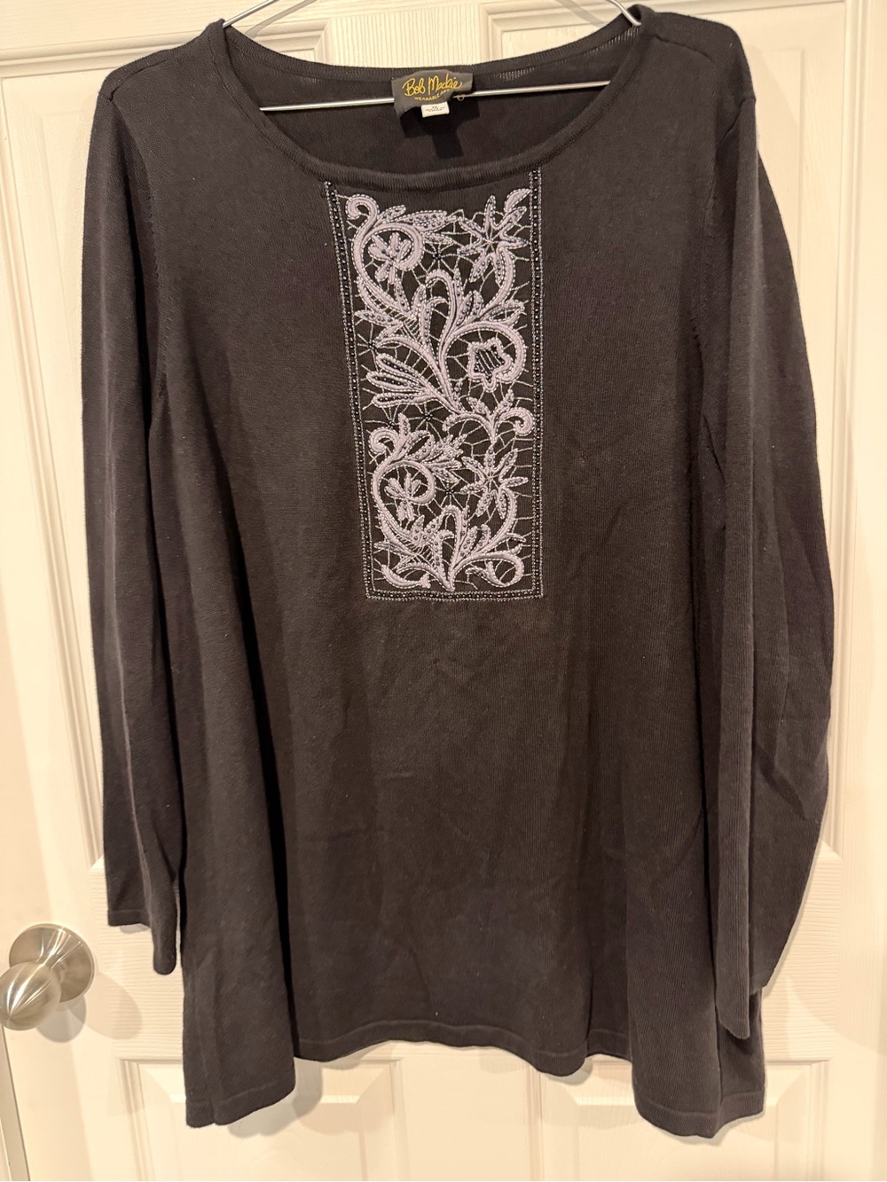 Bob Mackie Black Crewneck Sweater with Gray Embroidered Panel